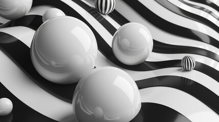 A modern black and white abstract design with scattered shapes, featuring different objects and spheres against a light background.