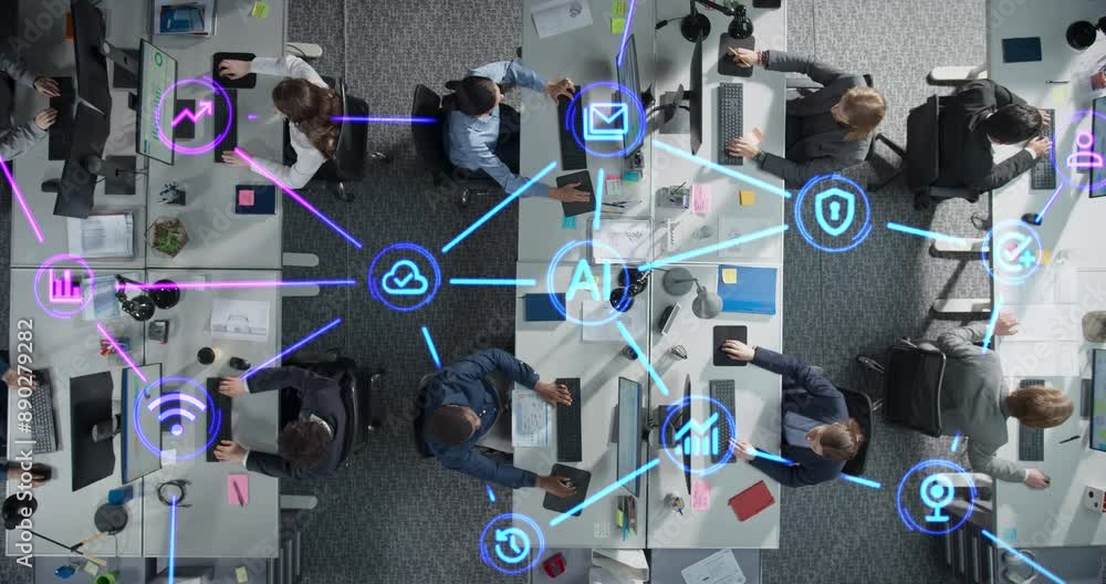 Leinwandbilder Top Down View of Employees Working in Office, Utilizing Artificial Intelligence Productivity Tools. Holographic Interface Icons Visualize Interaction and Advanced Tech Integration Within the Team