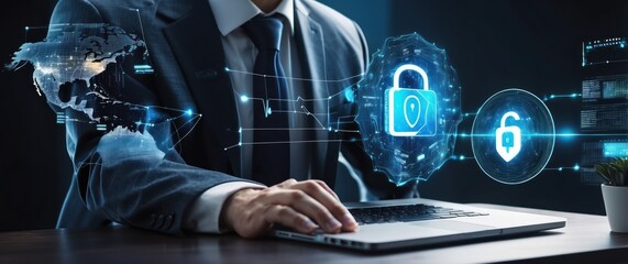 A professional examining cybersecurity measures on a laptop, showcasing the importance of digital protection and data security in a modern workspace.