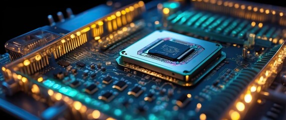 Fototapeta premium A close-up view of a microchip on a circuit board, symbolizing technology, innovation, and the future of electronics.