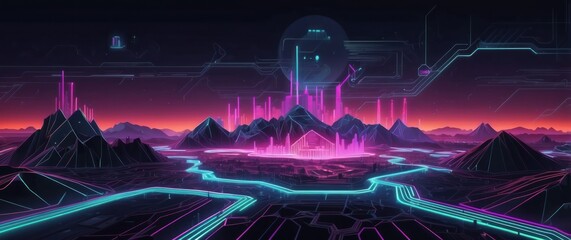 A stunning futuristic landscape featuring a neon-lit city amidst mountains, embodying a vibrant cyberpunk aesthetic.