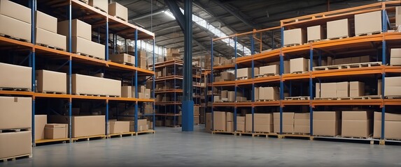 Obraz premium A spacious warehouse interior showcasing organized storage with boxes stacked on shelves, ideal for logistics and inventory management.