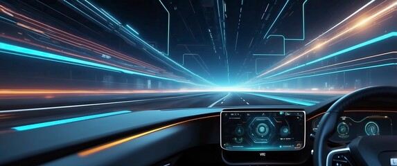 Futuristic car dashboard with digital interface, showcasing speed and technology in an immersive driving experience.