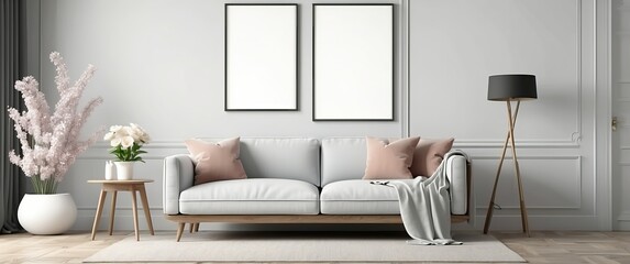A modern, cozy living room featuring a light couch, decorative pillows, plants, and blank frames, ideal for relaxation and stylish gatherings.