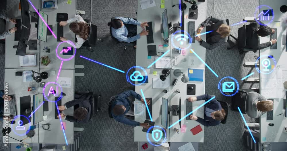 Poster Online Services Visualization in a Diverse Modern Office Environment. Top Down View on a Futuristic Animation with Different Technology Icons: Cloud Computing, Storage, Data Protection, Wi-Fi Internet