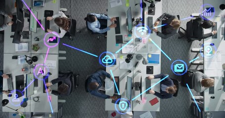 Online Services Visualization in a Diverse Modern Office Environment. Top Down View on a Futuristic Animation with Different Technology Icons: Cloud Computing, Storage, Data Protection, Wi-Fi Internet - Powered by Adobe