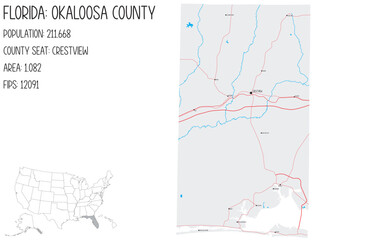 Large and detailed map of Okaloosa County in Florida, USA.