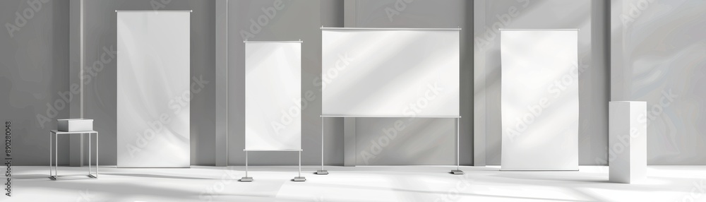 Poster modern gallery exhibiting blank frames and displays in a minimalist setting with natural light casti