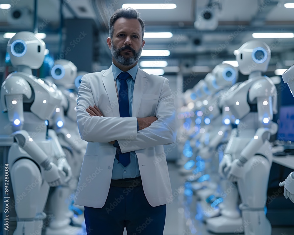 Poster visionary ceo envisioning the future of cutting edge technology in a high tech lab surrounded by rob