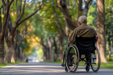 An elderly person in a wheelchair in a park