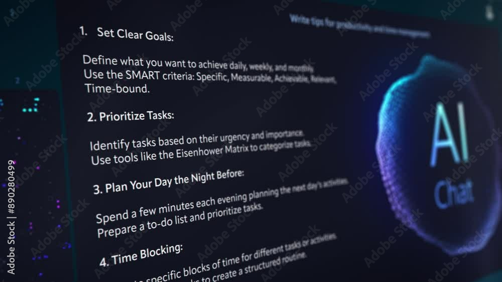 Poster Large Language Model Software Generating Productivity Tips, Emphasizing Goal Setting, Task Prioritization, Consistency and Gradual Progress. Interface with Sleek Design and an AI Chat Logo