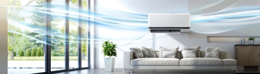 Fototapeta premium Modern living room with air conditioner, illustrating indoor climate control and air flow in a comfortable, stylishly designed space.