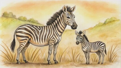 Fototapeta premium A majestic Plains zebra and its adorable foal stand confidently facing the camera, showcasing their striped coats and gentle curiosity in the African savannah.