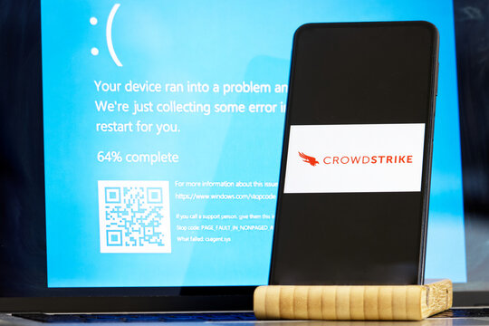 The CrowdStrike logo and a blue computer screen appeared during mass tech outages worldwide, causing IT systems to shut down. The Microsoft system error was caused by CrowdStrike..
