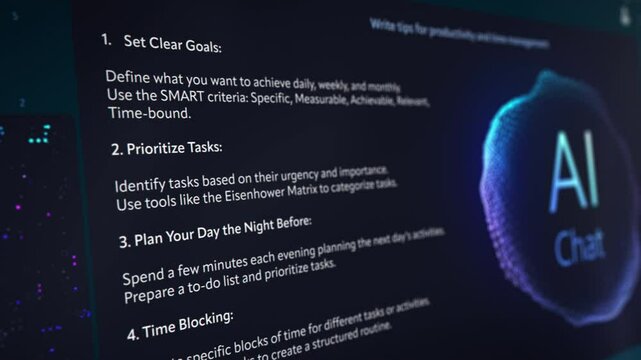 Large Language Model Software Generating Productivity Tips, Emphasizing Goal Setting, Task Prioritization, Consistency and Gradual Progress. Interface with Sleek Design and an AI Chat Logo