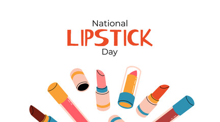 National Lipstick Day banner. Various colorful lipstick bottles and festive lettering. Vector flat background, poster, postcard, flyer.
