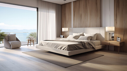 luxurious and modern bedroom interiors featuring sleek design elements, stylish furniture, soft lighting, and large windows, creating a sophisticated and comfortable living space