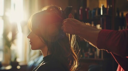 A woman having her hair styled in a salon with the sun shining through the window.