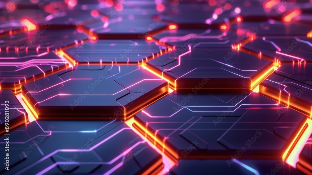 Poster futuristic hexagon grid with glowing circuits on dark background