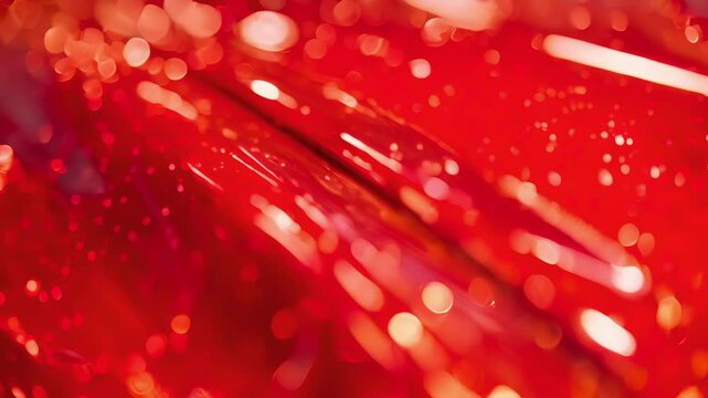 A closeup of a candy apple red car paint finish with layers of bright red and gold flecks creating a deep and rich color.