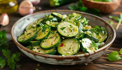 Warm salad with young zucchini with garlic and herbs on plate on wooden table