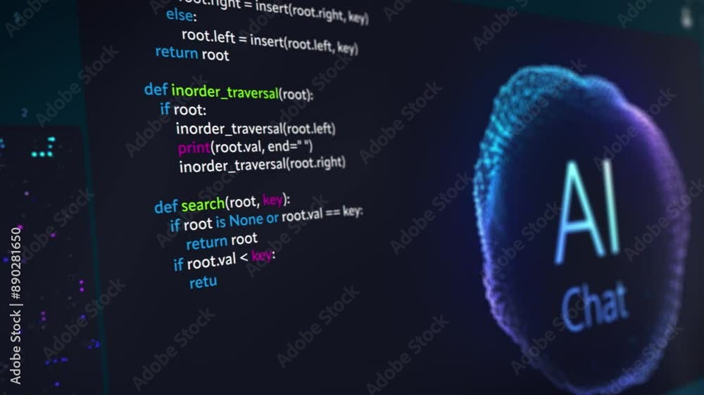 Poster close up on computer screen with an artificial intelligence chat bot creating a unique software code