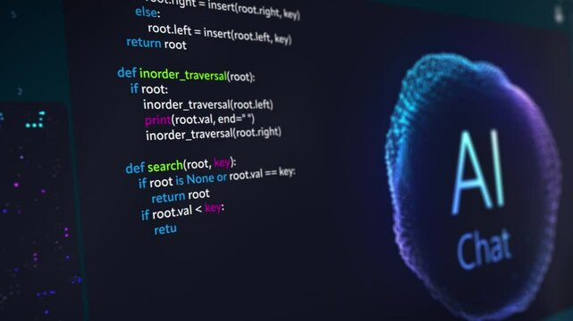 Close Up on Computer Screen with an Artificial Intelligence Chat Bot Creating a Unique Software Code Live on Display. Internet User Asked a LLM Model a Prompt to Generate a Programmer's Code