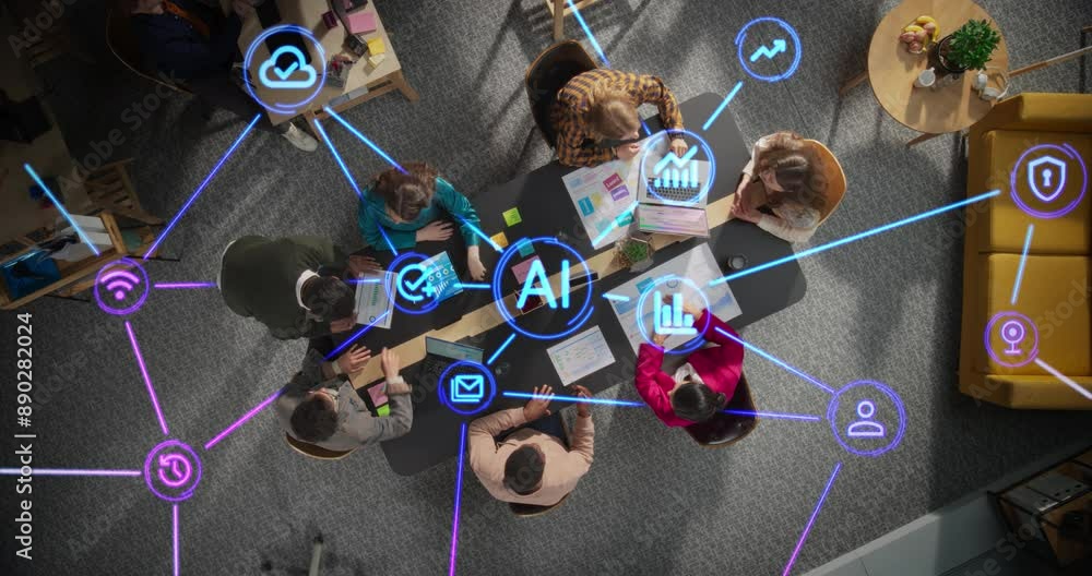 Leinwandbilder Diverse Team Collaborating with AI Tools in a Modern Office Meeting Room. Top Down View Highlighting Dynamic Interaction and Advanced Technology Integration with Holographic Interfaces