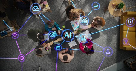Diverse Team Collaborating with AI Tools in a Modern Office Meeting Room. Top Down View Highlighting Dynamic Interaction and Advanced Technology Integration with Holographic Interfaces - Powered by Adobe