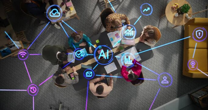 Diverse Team Collaborating with AI Tools in a Modern Office Meeting Room. Top Down View Highlighting Dynamic Interaction and Advanced Technology Integration with Holographic Interfaces