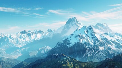 A serene mountain landscape with snow-capped peaks and a clear blue sky, perfect for a peaceful and inspiring space.