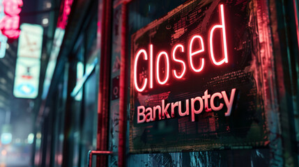 Neon "Closed Bankruptsy" sign, urban night scene, reflective glass, symbolizing economic downfall, suitable for articles on business closure or financial issues.