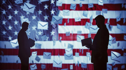 Two silhouetted figures holding envelopes, American flag background, symbolizes mail-in voting, democracy, political process, election integrity, patriotic theme.