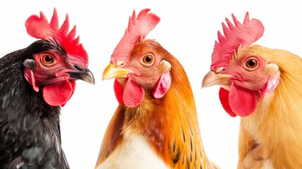Fototapeta premium Three chickens with different colored heads are standing next to each other. The black chicken has a red comb and the other two chickens have red combs as well