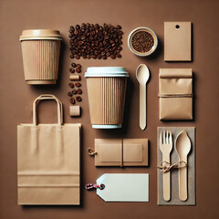 paper bags and plastic cup for take away set top view space for text