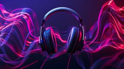 Headphones with vivid neon light trails, dark background, modern and dynamic style, symbolizes music and technology immersion, ideal for media and tech advertising.