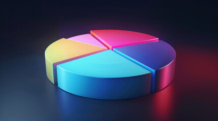 Obraz premium 3D pie chart, vibrant colors, dark gradient background, glossy finish, visualizing data, business reports, infographics, modern design.