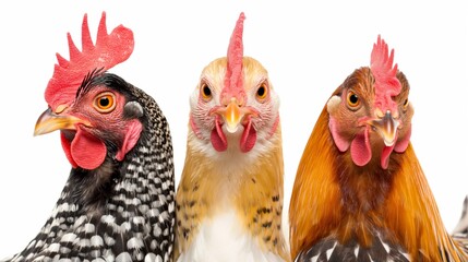 Three chickens with different colored heads are standing next to each other. The chicken on the left has a black and white head, the middle chicken has a yellow head