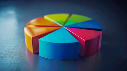 Obraz premium 3D pie chart, vibrant colors, glossy finish, dark background, ideal for data visualization, business reports, analytics, modern design.