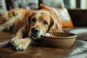 Loyal Pup Staring Beside a Full Bowl