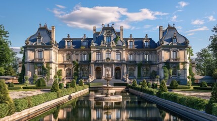 Fototapeta premium A grand, French chateau with ornate architecture, manicured gardens, and a reflective pond.