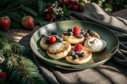 russian syrnikiม fried quark pancakes topped with mix berrys