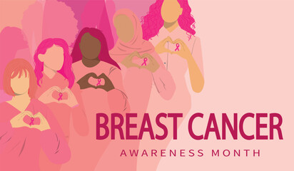 Breast cancer awareness month banner. Multiethnic group of women with pink ribbon. Disease prevention, solidarity or charity campaign flyer.