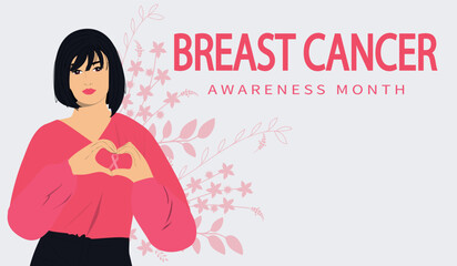 Breast Cancer Awareness Month banner with woman with ribbon. Disease prevention, solidarity or charity campaign flyer. Vector flat illustration