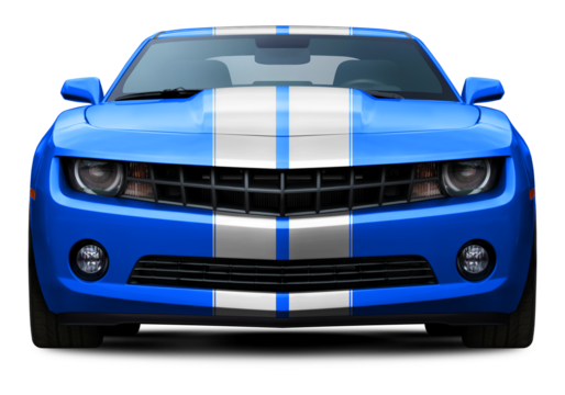 Powerful American blue muscle car front view. With white stripes in the center. Isolated on a transparent background in PNG format.