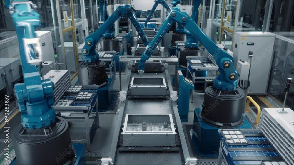 Poster high tech factory with blue robotic arms assembling electronic components on a production line conve