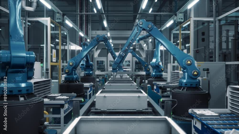 Poster advanced blue robotic arms in an autonomous factory assembling electronic components on a modern pro