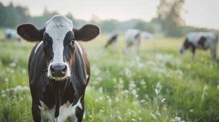 Black and white cow in grassy field. Closeup of a black and white cow standing in a field of grass with white wildflowers. The animal looks directly at the camera.