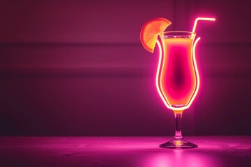 Neon cocktail with umbrella and straw set against a vibrant and glowing background symbolizing fun and relaxation