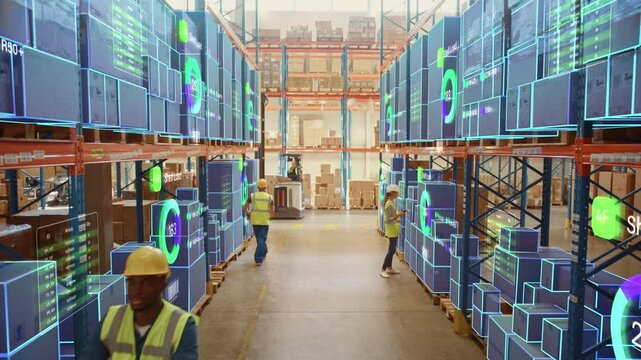 Robotic Vision Concept in a Warehouse: Workers Managing Inventory at Logistics Center. Holographic Data Overlays on Boxes and Providing Insights, AI Optimizing Productivity in a High Tech Environment - Powered by Adobe